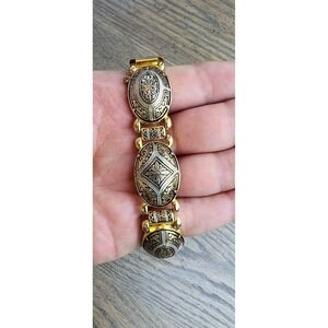 Vintage Spanish Damascene Bracelet w/ Gold Tone Inlay On Black Enamel MCM